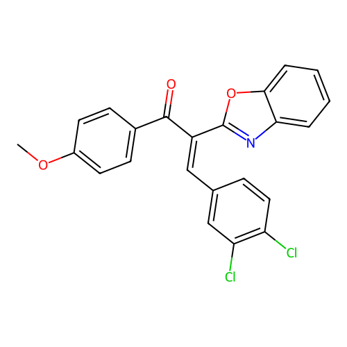 (E)-2-(1,3-benzoxazol-2-yl)-3-(3,4-dichlorophenyl)-1-(4-methoxyphenyl)prop-2-en-1-one structure