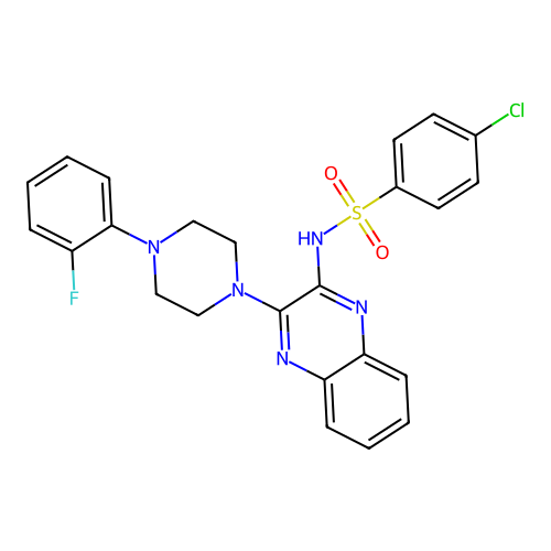 4-chloro-N-(3-(4-(2-fluorophenyl)piperazin-1-yl)quinoxalin-2-yl)benzenesulfonamide structure