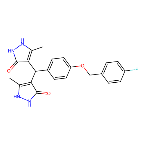 4,4'-((4-((4-fluorobenzyl)oxy)phenyl)methylene)bis(3-methyl-1H-pyrazol-5-ol) structure