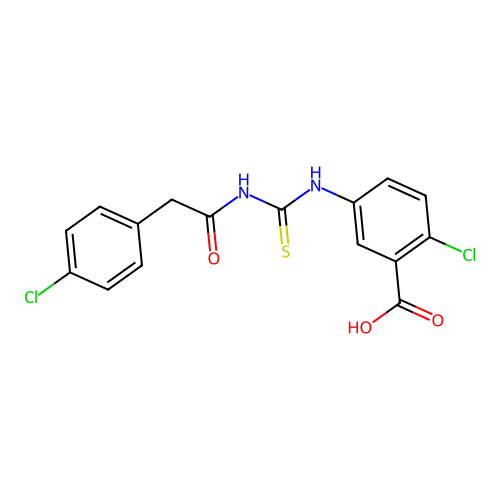 2-Chloro-5-({[(4-chlorophenyl)acetyl]carbamothioyl}amino)benzoic acid structure