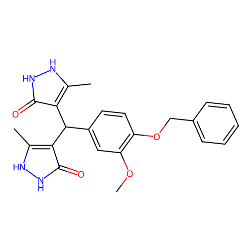 4,4'-{[4-(benzyloxy)-3-methoxyphenyl]methanediyl}bis(3-methyl-1H-pyrazol-5-ol) structure
