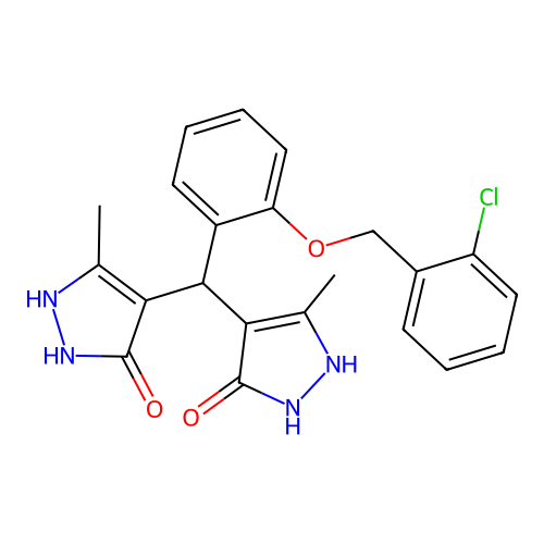 4,4'-({2-[(2-chlorobenzyl)oxy]phenyl}methanediyl)bis(3-methyl-1H-pyrazol-5-ol) structure