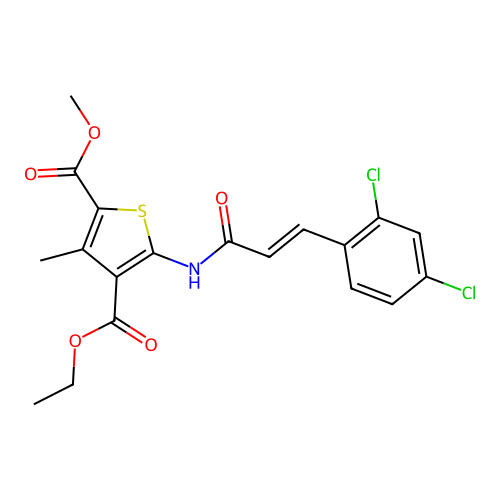 (E)-4-ethyl 2-methyl 5-(3-(2,4-dichlorophenyl)acrylamido)-3-methylthiophene-2,4-dicarboxylate structure