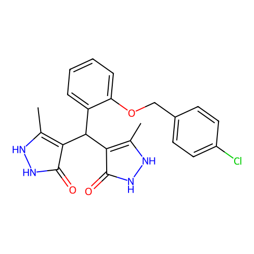 4,4'-({2-[(4-chlorobenzyl)oxy]phenyl}methanediyl)bis(3-methyl-1H-pyrazol-5-ol) structure