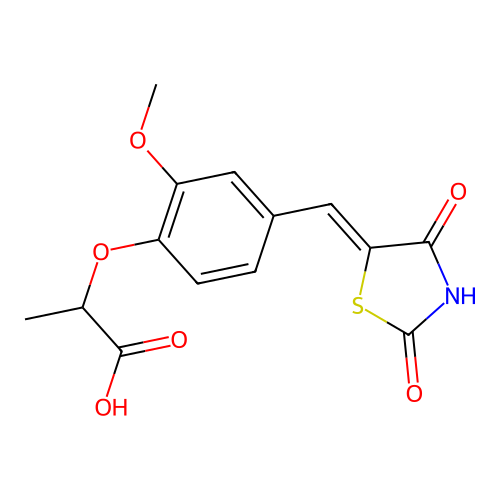 2-{4-[(Z)-(2,4-dioxo-1,3-thiazolidin-5-ylidene)methyl]-2-methoxyphenoxy}propanoic acid structure