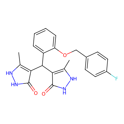 4,4'-((2-((4-fluorobenzyl)oxy)phenyl)methylene)bis(3-methyl-1H-pyrazol-5-ol) structure