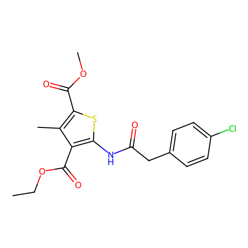 4-ethyl 2-methyl 5-(2-(4-chlorophenyl)acetamido)-3-methylthiophene-2,4-dicarboxylate structure
