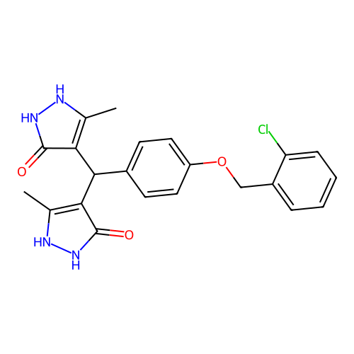 4,4'-({4-[(2-chlorobenzyl)oxy]phenyl}methanediyl)bis(3-methyl-1H-pyrazol-5-ol) structure