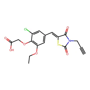 (2-chloro-4-{(E)-[2,4-dioxo-3-(prop-2-yn-1-yl)-1,3-thiazolidin-5-ylidene]methyl}-6-ethoxyphenoxy)acetic acid structure
