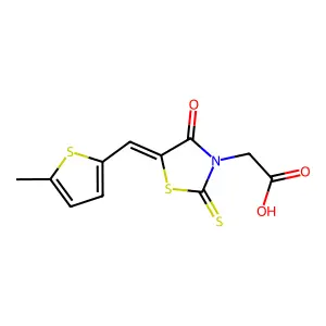 {(5E)-5-[(5-methylthiophen-2-yl)methylidene]-4-oxo-2-thioxo-1,3-thiazolidin-3-yl}acetic acid structure