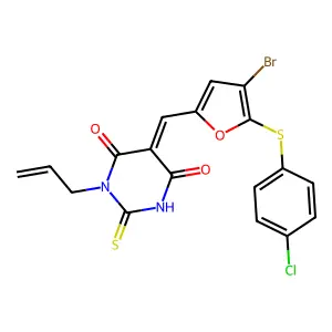 (5Z)-5-({4-bromo-5-[(4-chlorophenyl)sulfanyl]furan-2-yl}methylidene)-1-(prop-2-en-1-yl)-2-thioxodihydropyrimidine-4,6(1H,5H)-dione structure