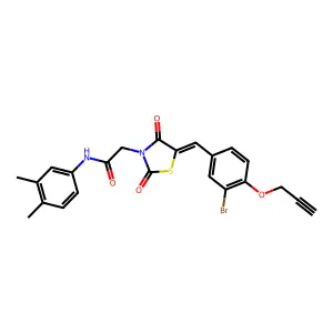 2-[(5E)-5-[(3-bromo-4-prop-2-ynoxyphenyl)methylidene]-2,4-dioxo-1,3-thiazolidin-3-yl]-N-(3,4-dimethylphenyl)acetamide structure