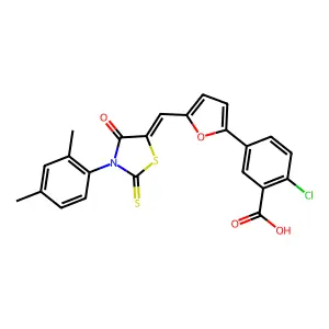 2-chloro-5-(5-{(E)-[3-(2,4-dimethylphenyl)-4-oxo-2-thioxo-1,3-thiazolidin-5-ylidene]methyl}furan-2-yl)benzoic acid structure