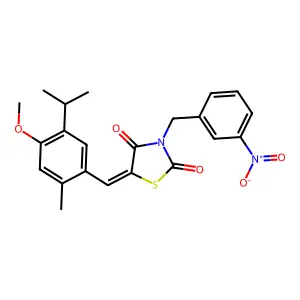 (5E)-5-[(4-methoxy-2-methyl-5-propan-2-ylphenyl)methylidene]-3-[(3-nitrophenyl)methyl]-1,3-thiazolidine-2,4-dione structure