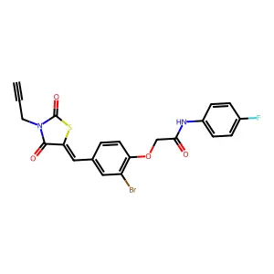 2-(2-bromo-4-{(E)-[2,4-dioxo-3-(prop-2-yn-1-yl)-1,3-thiazolidin-5-ylidene]methyl}phenoxy)-N-(4-fluorophenyl)acetamide structure
