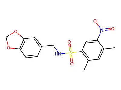 N-(1,3-benzodioxol-5-ylmethyl)-2,4-dimethyl-5-nitrobenzenesulfonamide structure