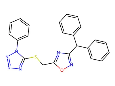 3-Benzhydryl-5-[(1-phenyltetrazol-5-yl)sulfanylmethyl]-1,2,4-oxadiazole structure