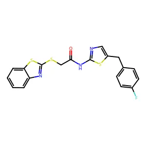 2-(1,3-benzothiazol-2-ylsulfanyl)-N-[5-(4-fluorobenzyl)-1,3-thiazol-2-yl]acetamide structure