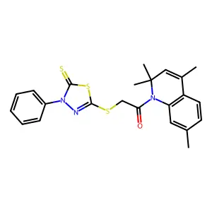 2-[(4-phenyl-5-thioxo-4,5-dihydro-1,3,4-thiadiazol-2-yl)sulfanyl]-1-(2,2,4,7-tetramethylquinolin-1(2H)-yl)ethanone structure