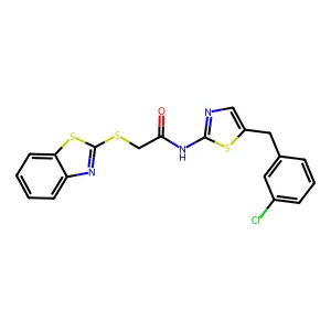 2-(1,3-benzothiazol-2-ylsulfanyl)-N-[5-[(3-chlorophenyl)methyl]-1,3-thiazol-2-yl]acetamide structure