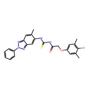 2-(4-chloro-3,5-dimethylphenoxy)-N-[(6-methyl-2-phenylbenzotriazol-5-yl)carbamothioyl]acetamide structure