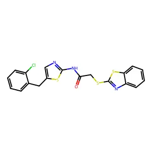 2-(1,3-benzothiazol-2-ylsulfanyl)-N-[5-(2-chlorobenzyl)-1,3-thiazol-2-yl]acetamide structure