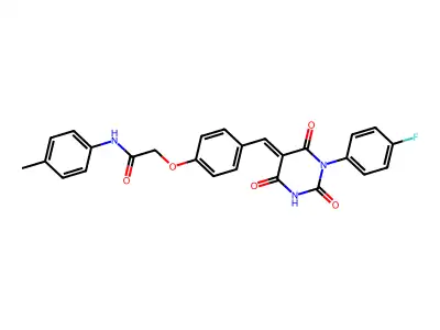 2-(4-{(E)-[1-(4-fluorophenyl)-2,4,6-trioxotetrahydropyrimidin-5(2H)-ylidene]methyl}phenoxy)-N-(4-methylphenyl)acetamide structure
