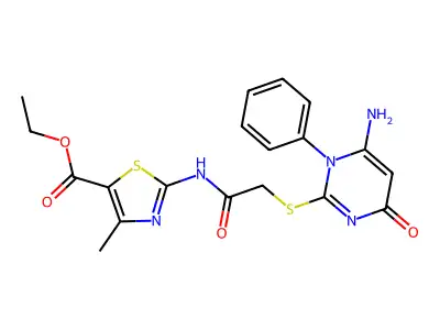 ethyl 2-({[(6-amino-4-oxo-1-phenyl-1,4-dihydropyrimidin-2-yl)sulfanyl]acetyl}amino)-4-methyl-1,3-thiazole-5-carboxylate structure