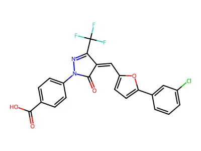 4-[(4Z)-4-{[5-(3-chlorophenyl)furan-2-yl]methylidene}-5-oxo-3-(trifluoromethyl)-4,5-dihydro-1H-pyrazol-1-yl]benzoic acid structure
