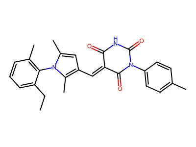 (5E)-5-[[1-(2-ethyl-6-methylphenyl)-2,5-dimethylpyrrol-3-yl]methylidene]-1-(4-methylphenyl)-1,3-diazinane-2,4,6-trione structure