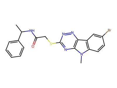 2-[(8-bromo-5-methyl-[1,2,4]triazino[5,6-b]indol-3-yl)sulfanyl]-N-(1-phenylethyl)acetamide structure