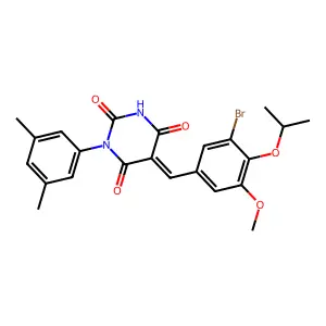 (5E)-5-[(3-bromo-5-methoxy-4-propan-2-yloxyphenyl)methylidene]-1-(3,5-dimethylphenyl)-1,3-diazinane-2,4,6-trione structure