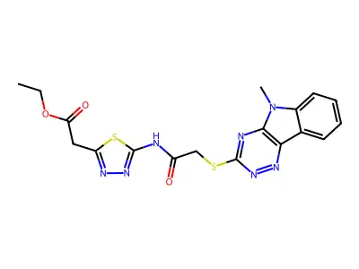 ethyl [5-({[(5-methyl-5H-[1,2,4]triazino[5,6-b]indol-3-yl)sulfanyl]acetyl}amino)-1,3,4-thiadiazol-2-yl]acetate structure