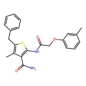 5-Benzyl-4-methyl-2-{[(3-methylphenoxy)acetyl]amino}thiophene-3-carboxamide structure