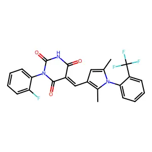(5E)-5-({2,5-dimethyl-1-[2-(trifluoromethyl)phenyl]-1H-pyrrol-3-yl}methylidene)-1-(2-fluorophenyl)pyrimidine-2,4,6(1H,3H,5H)-trione structure