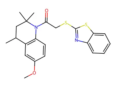1-[(1,3-benzothiazol-2-ylthio)acetyl]-6-methoxy-2,2,4-trimethyl-1,2,3,4-tetrahydroquinoline structure