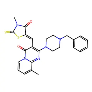 2-(4-benzylpiperazin-1-yl)-9-methyl-3-[(Z)-(3-methyl-4-oxo-2-thioxo-1,3-thiazolidin-5-ylidene)methyl]-4H-pyrido[1,2-a]pyrimidin-4-one structure