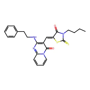 3-[(Z)-(3-butyl-4-oxo-2-thioxo-1,3-thiazolidin-5-ylidene)methyl]-2-[(2-phenylethyl)amino]-4H-pyrido[1,2-a]pyrimidin-4-one structure