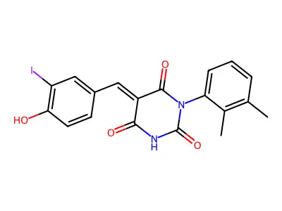 (5E)-1-(2,3-dimethylphenyl)-5-(4-hydroxy-3-iodobenzylidene)pyrimidine-2,4,6(1H,3H,5H)-trione structure