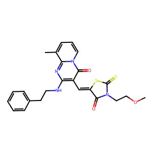 3-{(Z)-[3-(2-methoxyethyl)-4-oxo-2-thioxo-1,3-thiazolidin-5-ylidene]methyl}-9-methyl-2-[(2-phenylethyl)amino]-4H-pyrido[1,2-a]pyrimidin-4-one structure