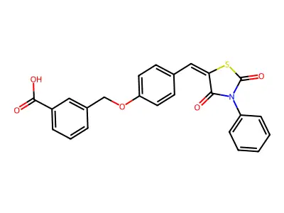 3-({4-[(E)-(2,4-dioxo-3-phenyl-1,3-thiazolidin-5-ylidene)methyl]phenoxy}methyl)benzoic acid structure