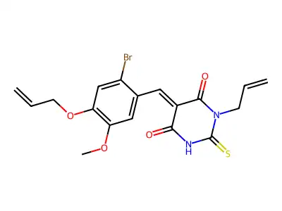 (5E)-5-[(2-bromo-5-methoxy-4-prop-2-enoxyphenyl)methylidene]-1-prop-2-enyl-2-sulfanylidene-1,3-diazinane-4,6-dione structure
