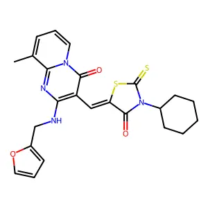 3-[(E)-(3-cyclohexyl-4-oxo-2-thioxo-1,3-thiazolidin-5-ylidene)methyl]-2-[(2-furylmethyl)amino]-9-methyl-4H-pyrido[1,2-a]pyrimidin-4-one structure