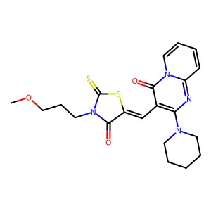 3-{(Z)-[3-(3-methoxypropyl)-4-oxo-2-thioxo-1,3-thiazolidin-5-ylidene]methyl}-2-(piperidin-1-yl)-4H-pyrido[1,2-a]pyrimidin-4-one structure