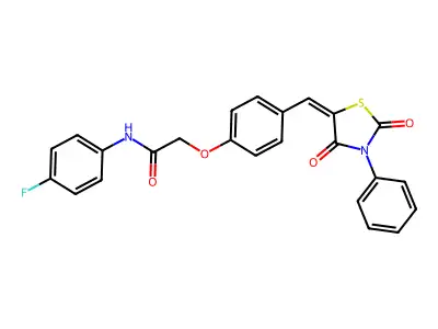 2-[4-[(E)-(2,4-dioxo-3-phenyl-1,3-thiazolidin-5-ylidene)methyl]phenoxy]-N-(4-fluorophenyl)acetamide structure