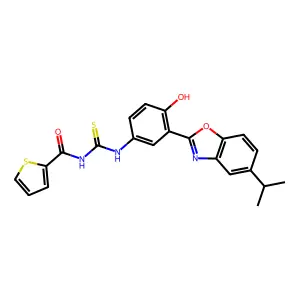 N-({4-hydroxy-3-[5-(propan-2-yl)-1,3-benzoxazol-2-yl]phenyl}carbamothioyl)thiophene-2-carboxamide structure