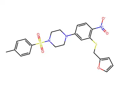 1-[3-(furan-2-ylmethylsulfanyl)-4-nitrophenyl]-4-(4-methylphenyl)sulfonylpiperazine structure