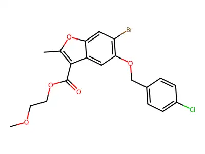 2-methoxyethyl 6-bromo-5-((4-chlorobenzyl)oxy)-2-methylbenzofuran-3-carboxylate structure