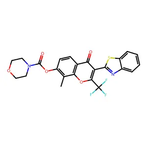 [3-(1,3-benzothiazol-2-yl)-8-methyl-4-oxo-2-(trifluoromethyl)chromen-7-yl] morpholine-4-carboxylate structure
