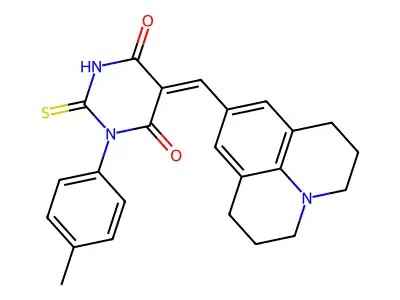 (Z)-5-((1,2,3,5,6,7-hexahydropyrido[3,2,1-ij]quinolin-9-yl)methylene)-2-thioxo-1-(p-tolyl)dihydropyrimidine-4,6(1H,5H)-dione structure